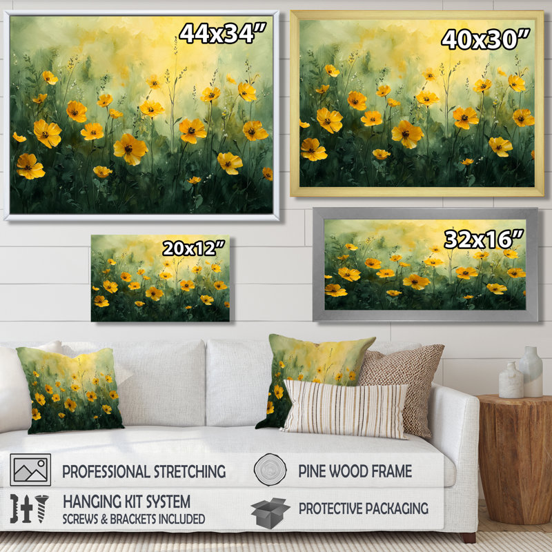 Montral fleurs dorées vertes verdâtres V - Art mural fleurs sauvages, Reproduction encadrée d'une seule photo, Noir