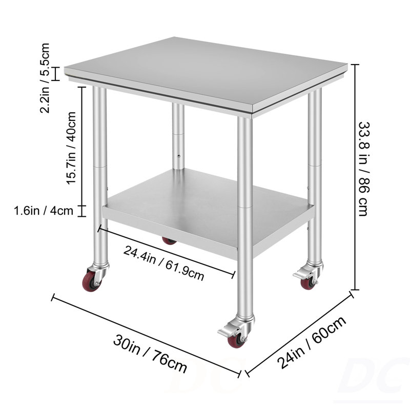 Table de travail en acier inoxydable avec roulettes 24 x 30 Table de préparation avec roulettes