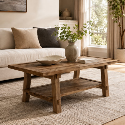 Solid wood coffee table, rectangular center table, with two shelves.