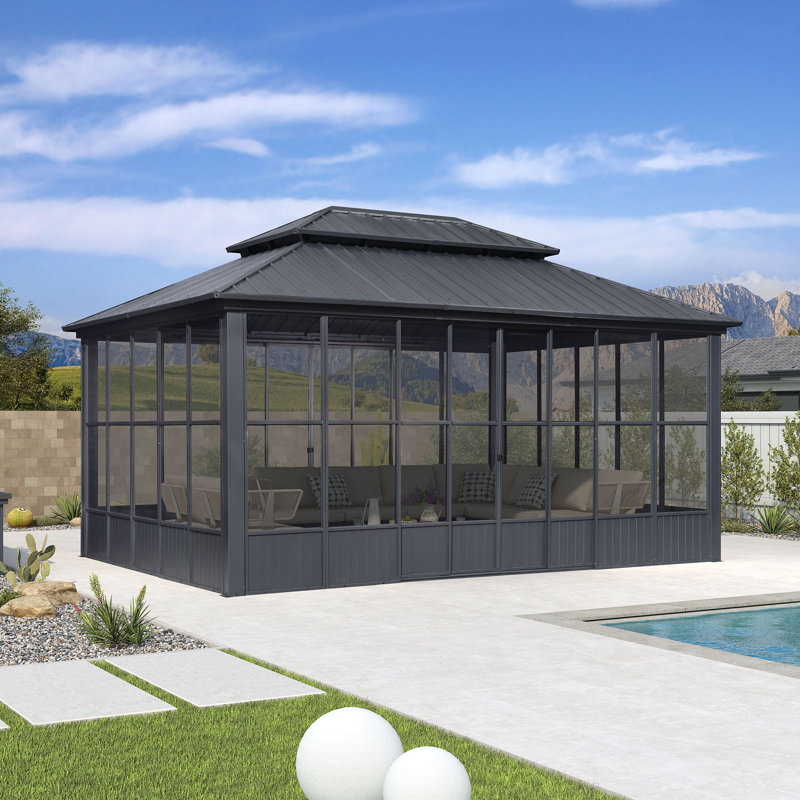PURPLE LEAF 12' W x 16' D Sunroom Hardtop Gazebo Solarium Galvanized Steel Double Roof All-Weather Aluminum Outdoor Screen House