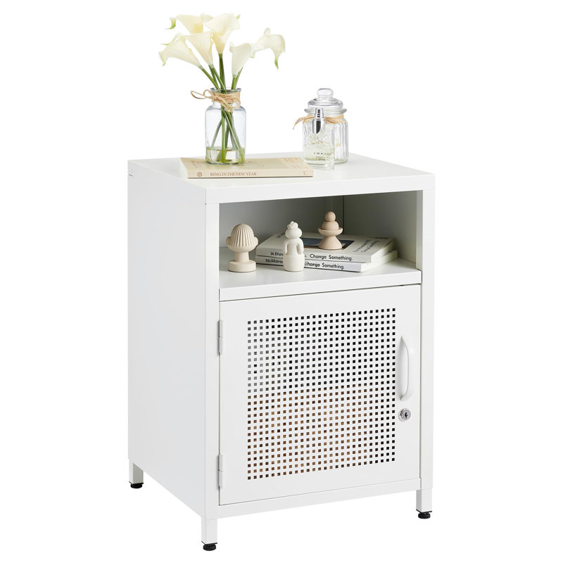 Tables de chevet en métal avec casier, porte de placard verrouillable et tablette ouverte, Blanc, Paquet de 1