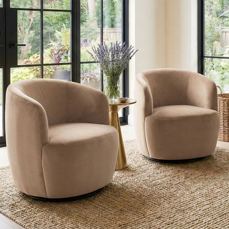 Pelemon 27" Wide Upholstered Velvet Small Swivel Accent Chair, Tan Velvet
