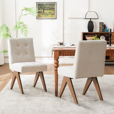 Tufted Linen Upholstered Dining Chair Armless Parsons Side Chair With Solid Wood Legs