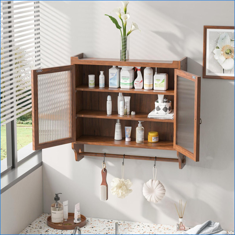 Wall Cabinet, Vintage Brown 3-Tier Storage with Glass Doors &amp; Towel Rack | Solid Wood | Glass, Walnut