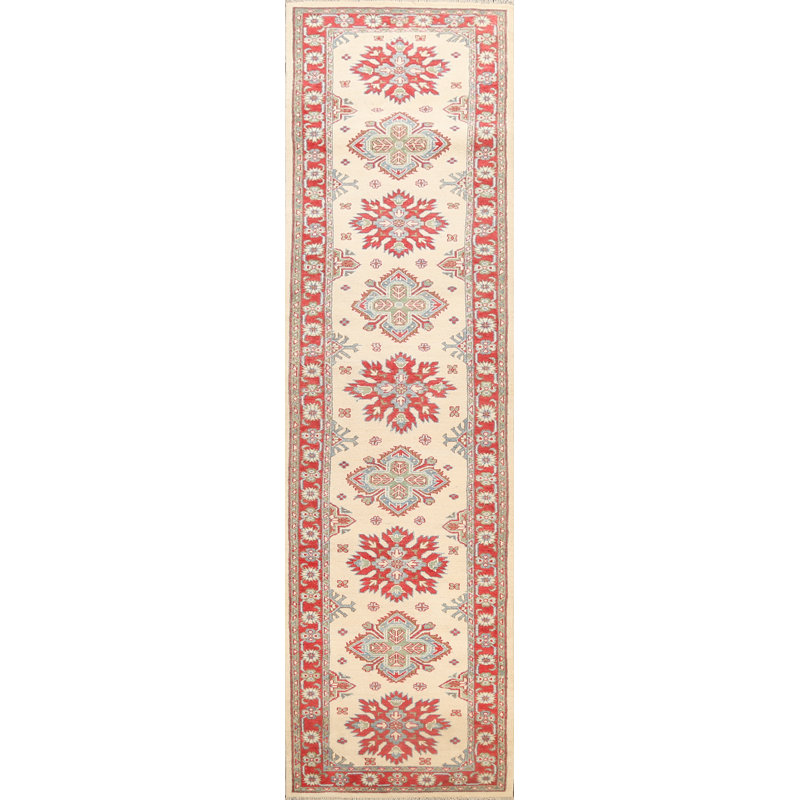 Tapis de couloir géométrique beige / rouge / bleu clair / brun en laine noué à la main de conception unique 2 pi 8 po x 12 pi