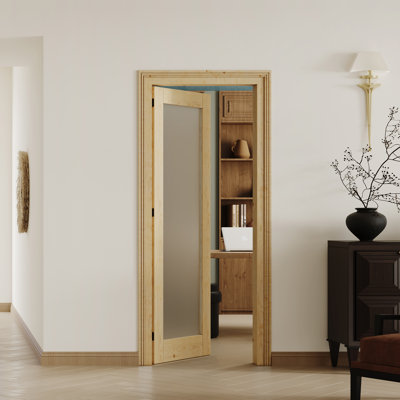 1 Lite Frosted Glass Solid Pine Interior Door Slab - Pine Finish Door With Matching Door Frame & Prehung-Style Black Hinges (Door & Frame Ship Separately, Installation Required)