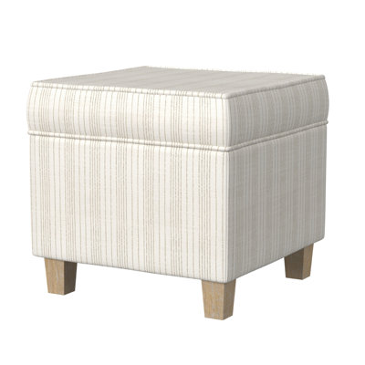 Pyp Square Storage Ottoman, 18 Inch Ivory Pinstripe Fabric, Brown Legs