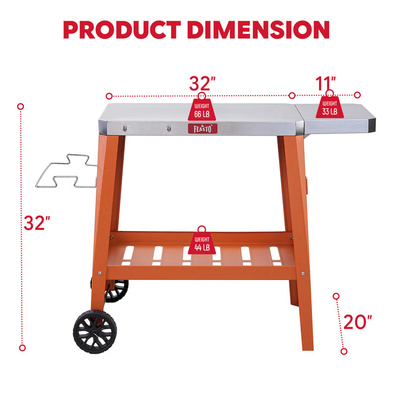 Feasto 37.5"W x20"D Stainless Steel Kitchen Cart Table with Wheels, Movable Grill Part with Foldable Side Table, Orange