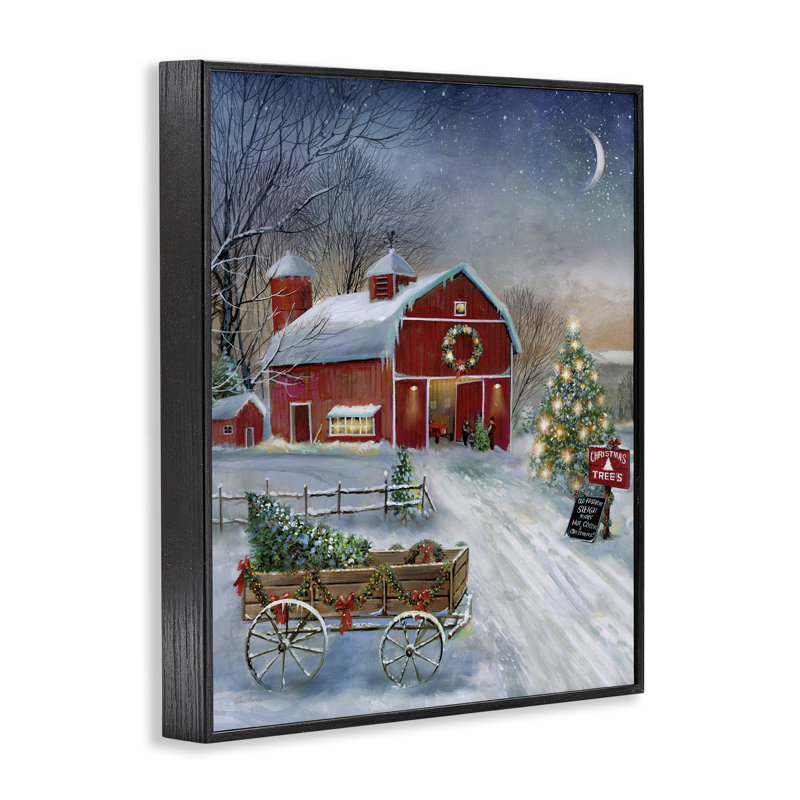 Holiday Wagon & Barn, art de la giclée encadrée par Ruane Manning, H 30 po x l 24 po, Giclée encadrée noir minuit