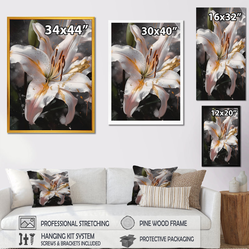 Lys blancs gracieux I - impression, H 20 po x l 12 po x P 1 po, Cadre flottant doré