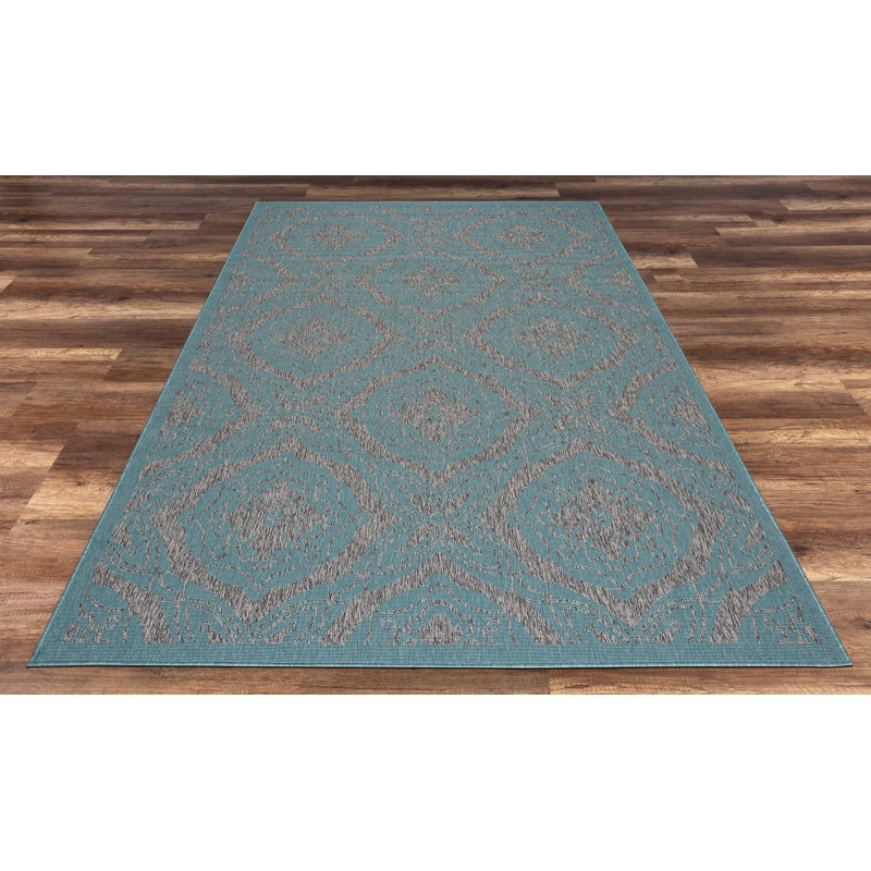 Tapis intérieur / extérieur bleu Werth Ikat, Rectangle 5 pi 3 po x 7 pi 7 po