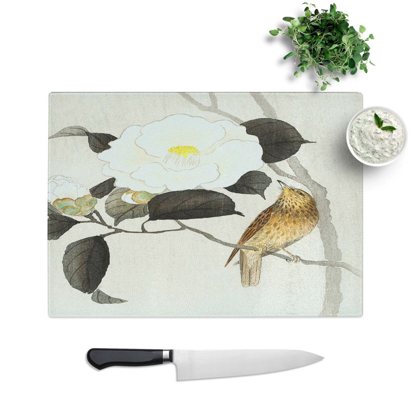 Tempered Glass Songbird and Flowering Camellia by Ohara Koson Chopping Board, 28.5 cm W x 20 cm L