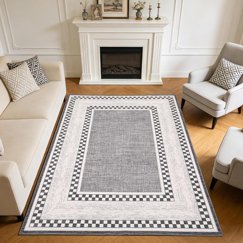 6x9 Checkered Area Rug, Washable Non Slip Low Pile Rug for Bedroom Living Room, Grey, Rectangle 6' x 9', Gray