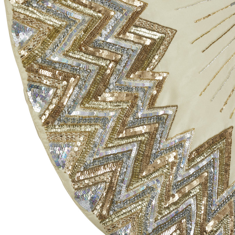 Handmade Christmas Tree Skirt - Hand Beaded Metallic Starburst on French Vanilla Silk, 72" W