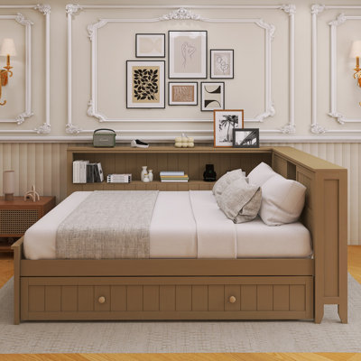 Wood Frame Full Size Daybed With Storage Shelves And Trundle