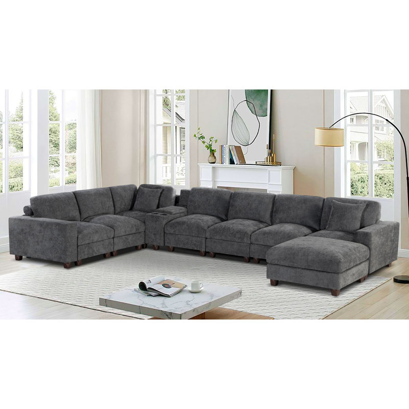 Canapé modulaire en chenille modulaire en L 166 po avec repose-pieds et console Norfleet, Gris foncé