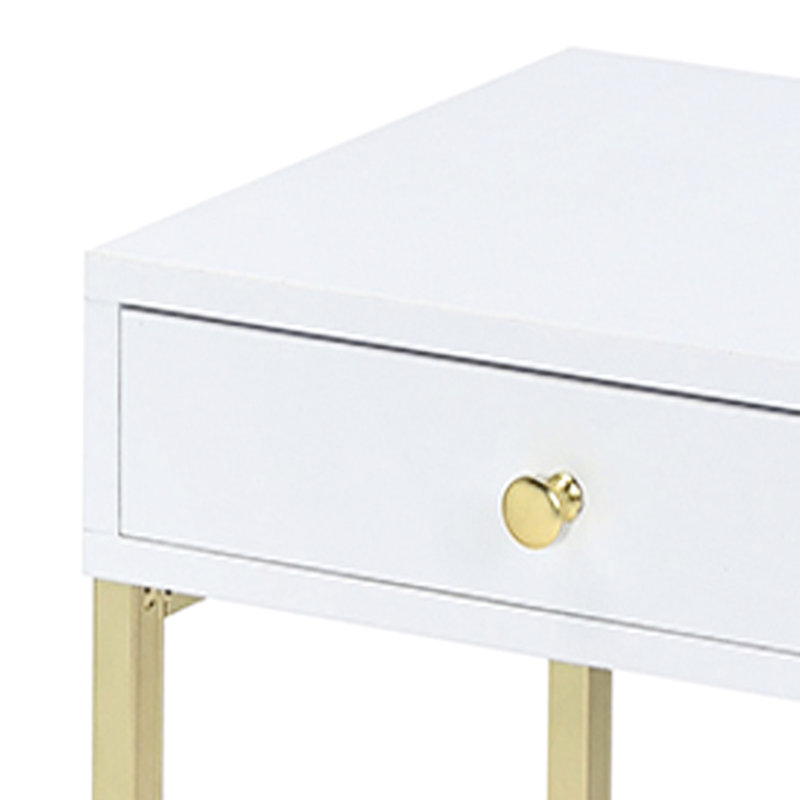 White And Brass 1 Rectangular Side Table, Modern Design For Living Area, Ample Storage With Metal Glide Drawer Table 1 Drawer, Elegant Plant Room, Smooth