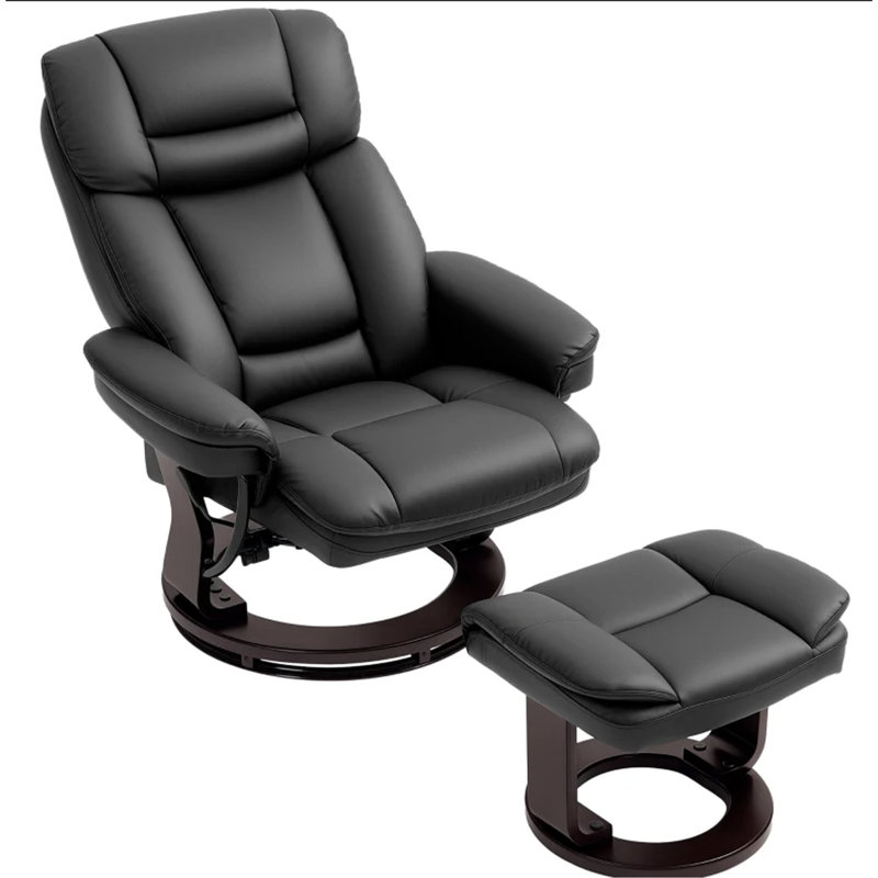 Fauteuil inclinable pivotant avec repose-pieds, fauteuil inclinable en cuir synthétique avec repose-pieds, noir