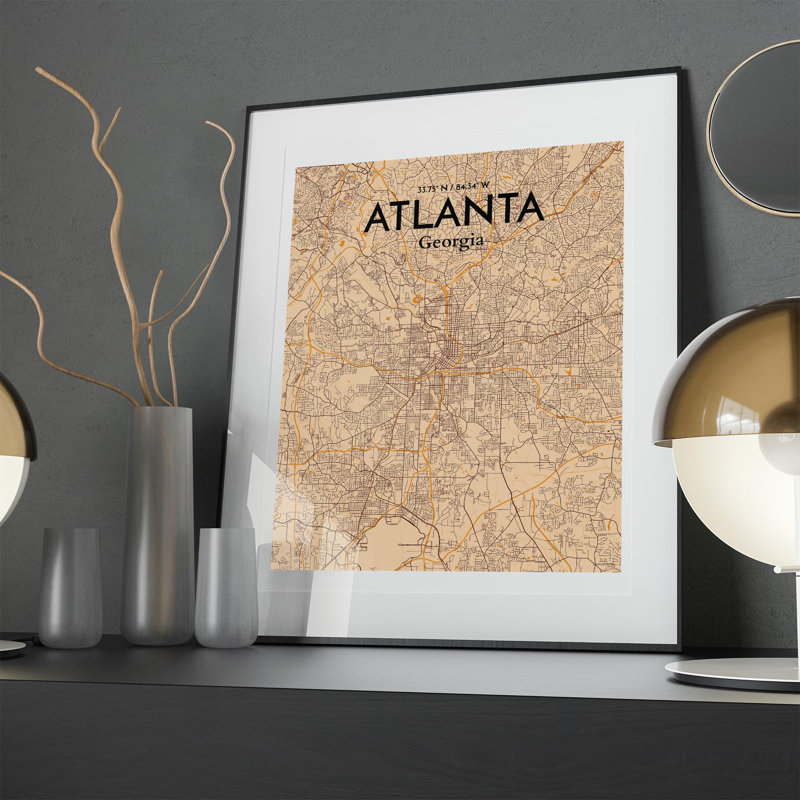 Carte de la ville d'Atlanta, impression rétro, Orange / or pâle, H 20 po x l 16 po