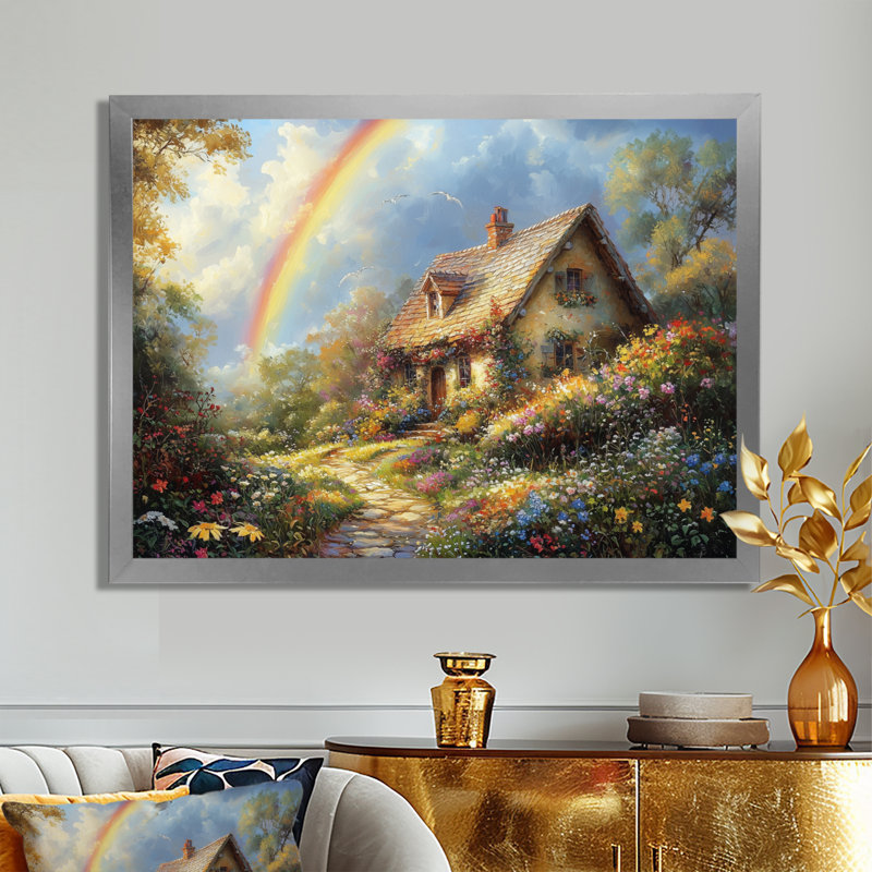 Rainbow Over The Cottage Garden II - art mural arc-en-ciel, H 12 po x l 20 po, White Picture Framed