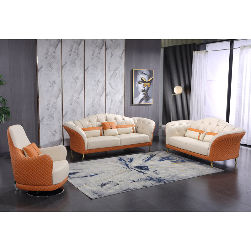 Canapé à accoudoirs roulés en cuir véritable 92 po Elberton, Cuir véritable blanc / orange