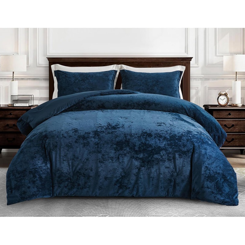 Lux Distressed Velvet Reversible Comforter Set, Queen Comforter + 2 Standard Shams, Navy Blue