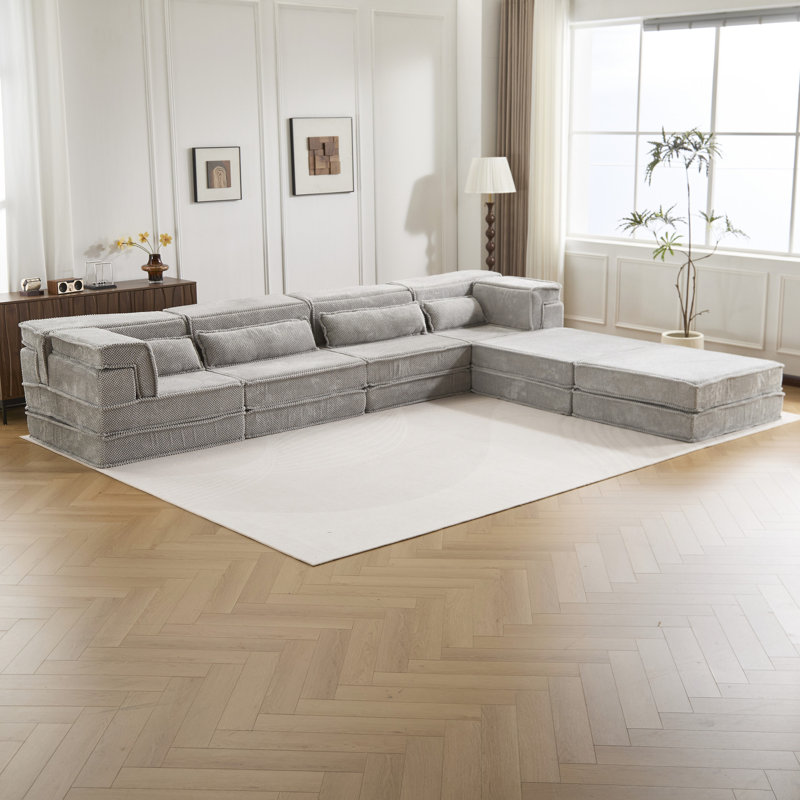 Canapé d'angle modulaire sans ossature, Mahjong à compression, - Gris, Lit de sol convertible, 4 places, Polaire circulaire, Mousse à mémoire de forme haute densité, Aucun assemblage requis, Détente à la maison, Canapé modulaire gris à 2 places