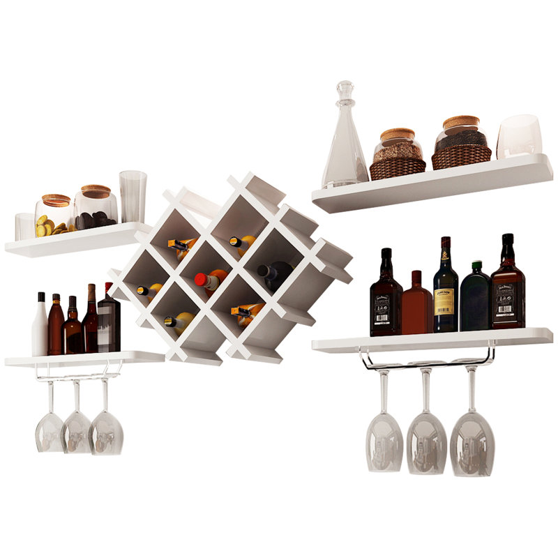 Ella-Faith 7 Bottle Wall Mounted Wine Bottle & Glass Rack, White
