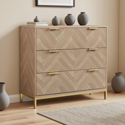 Bendt Modern 3 Drawer Chest Dresser, Mid Century Natural Oak Organizer Bedroom Furniture with Gold Metal