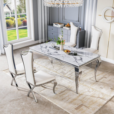 Marble Dining Table Set, 70" Modern Faux Marble Table With Stainless Steel Legs, Streamlined High-Back Chairs With X-Shaped Legs