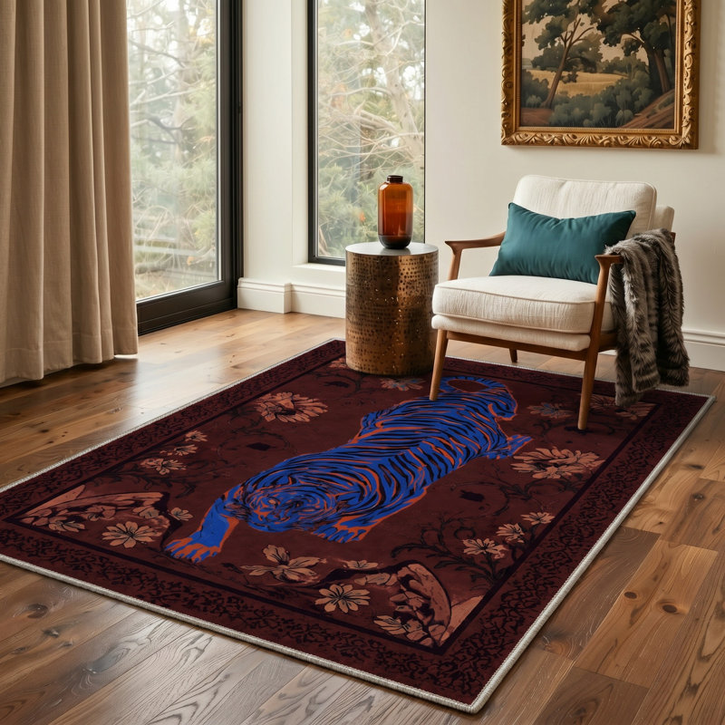 Tapis de porte antidérapant à poils courts, lavable, brun et bleu, imprimé animal., Rectangle 2' x 3'