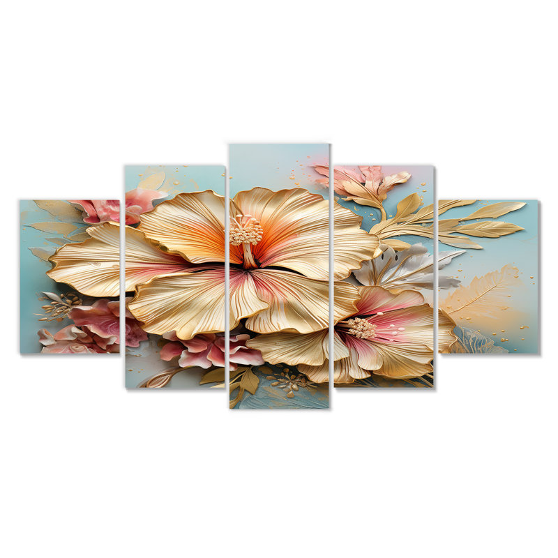 Hibiscus doré à motif de fleurs tropicales sur fond bleu rétro - Hibiscus 5 pièces