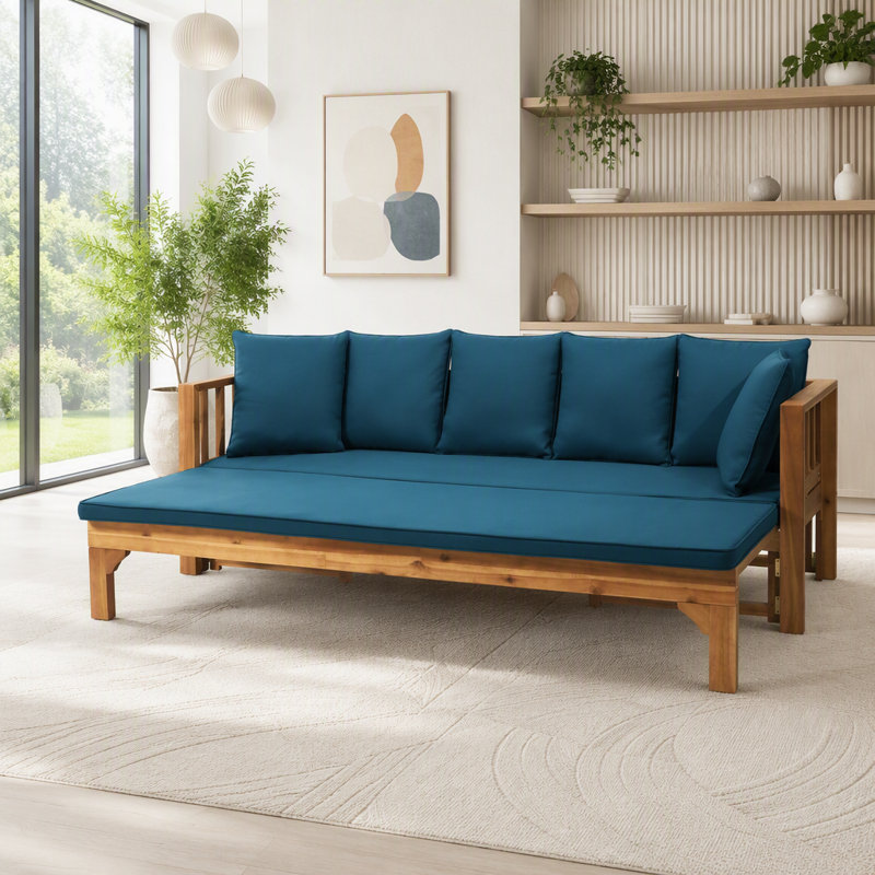 Canapé d'extérieur d'extérieur en bois d'acacia, Tissu bleu