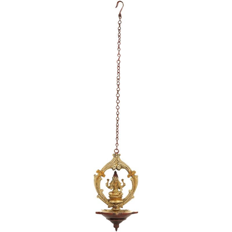 10" Handcrafted Goddess Lakshmi Hanging Brass Lamp – Temple Ceiling Light with Chain