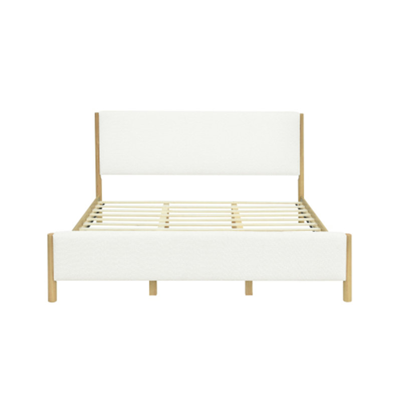 Lit capitonné moderne blanc avec pieds en bois d'hévéa, KING, Très grand lit
