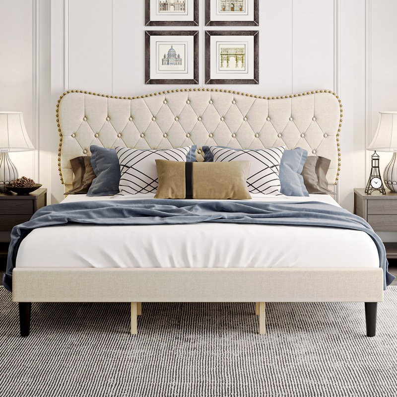 Lit plateforme capitonné Cadarrah, Double, Beige