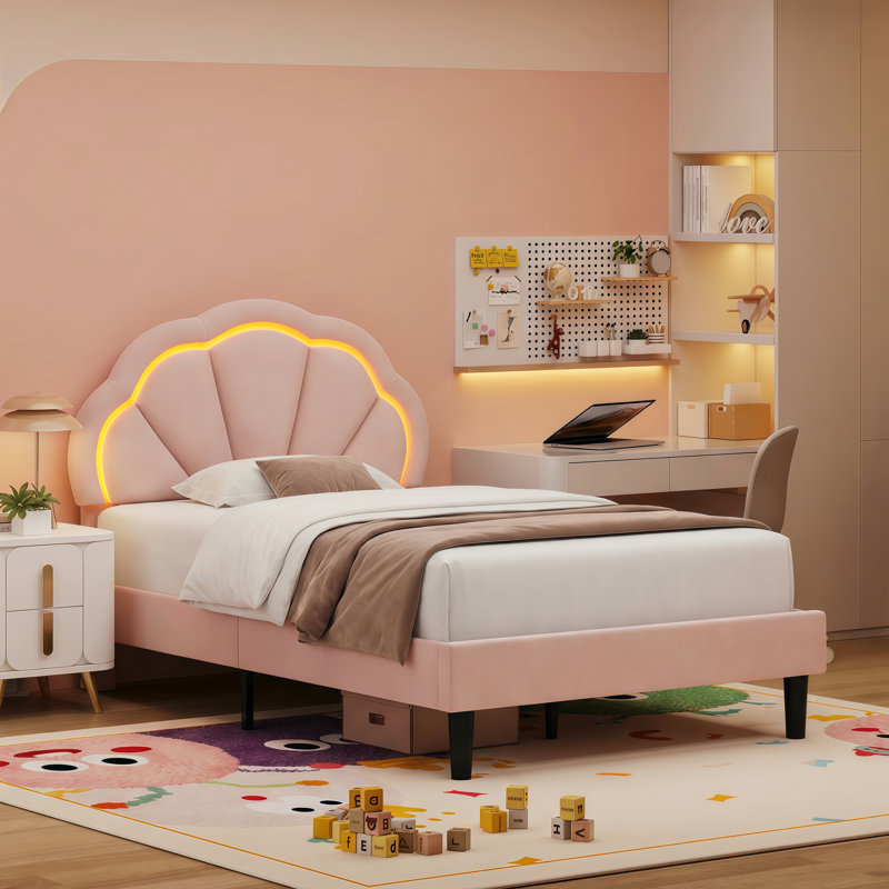Aisaiah Velvet Upholstered Platform Bed with LED Headboard and Storage, Twin, Pink
