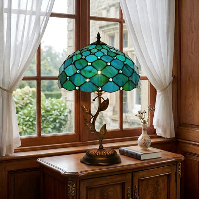 Lampe de table Tiffany, réglable à 3 températures de couleur, abat-jour de style bleu vert et lampe de bureau à base de feuille de métal 12 x 12 x 19 pouces