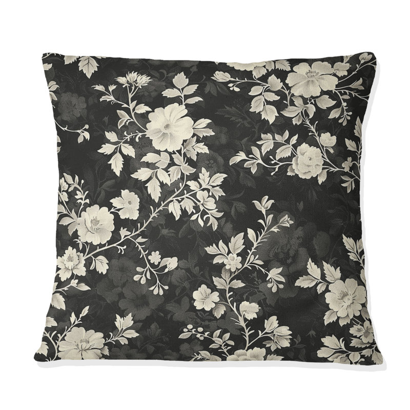 Coussin décoratif noir et blanc Country Flowers II, H 18 po x l 18 po, Carrée