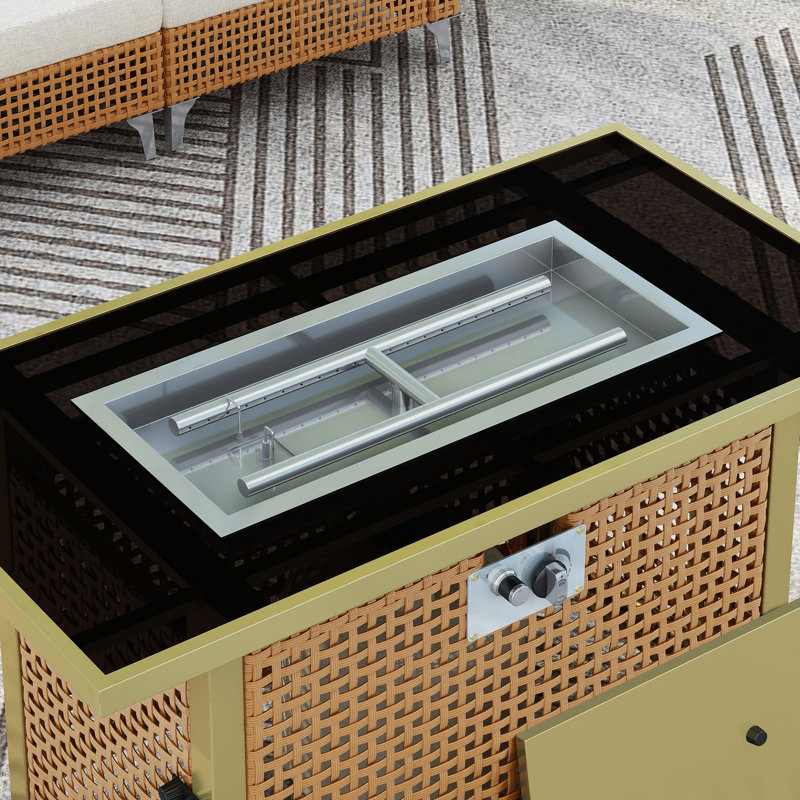 Table de foyer au propane 60 000 BTU avec pierres bleues, 43 po, rectangulaire, à tissage ouvert, pour patio, terrasse, jardin ou cour arrière - Table orange et jaune moutarde, pare-vent en verre.