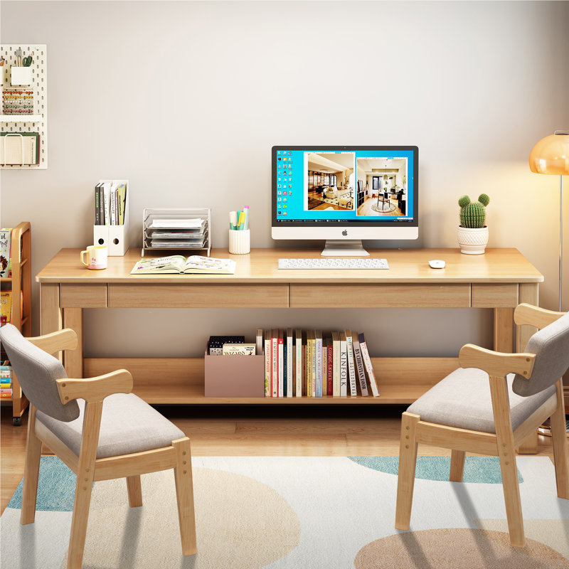 Solid Wood Kids Writing Desk Rectangular Learning Computer Table with 2 Chairs, Beige