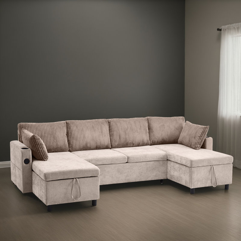 112" U-shaped Pull-Out Sleeper Sectional Sofa Bed with Storage, Brown Chenille