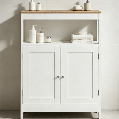 Wood & Natural Wood Top Storage Cabinet with Adjustable Shelf & Double Doors, Modern Freestanding Organizer for Bathroom, Kitchen & Entryway – White