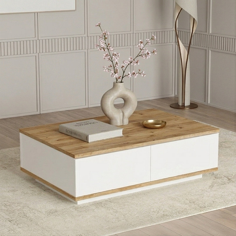 Modern Coffee Table, Atlantic Pine & White, 90 x 30 x 60 cm, 100% Melamine Coated Particle Board, Thickness: 0 cm, Scandinavian Design