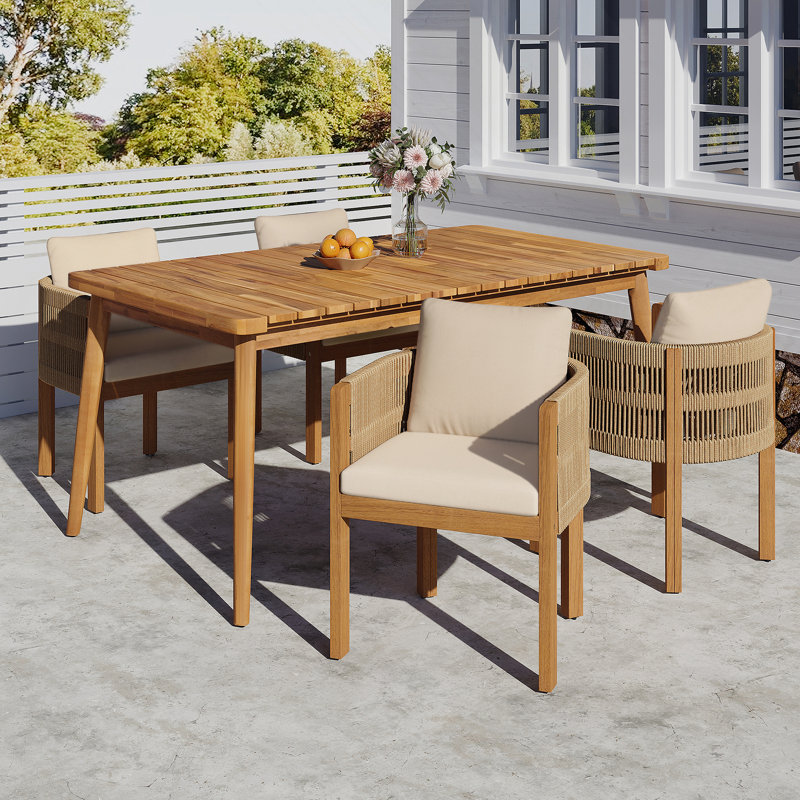 Outdoor Dining Set With Acacia Wood Table And 4 Chairs, Washable Waterproof Cushions, Slatted Tabletop For Patio Garden, Beige