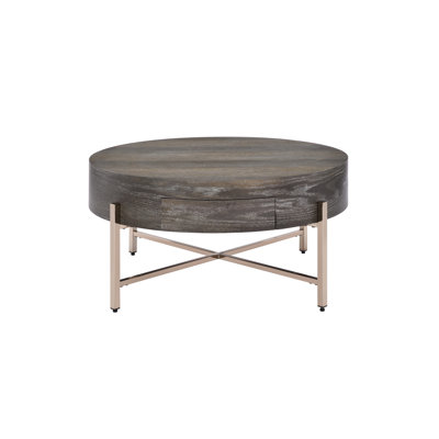 Table basse champagne et brune avec tiroir de rangement, base en forme de tube en X en métal, conception de tambour, plateau en placage de chêne, rangement profond de 32 pouces, tiroir en bois de 16 po de hauteur