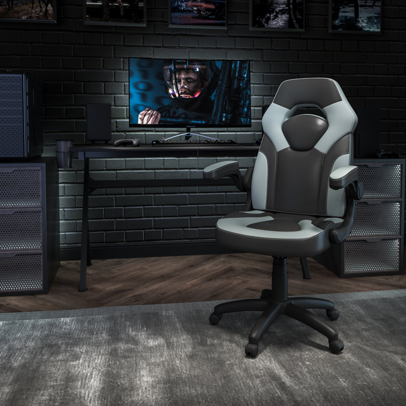 Ergonomic Adjustable Swivel Computer Gaming Chair with Flip-up Arms, Grey/Black
