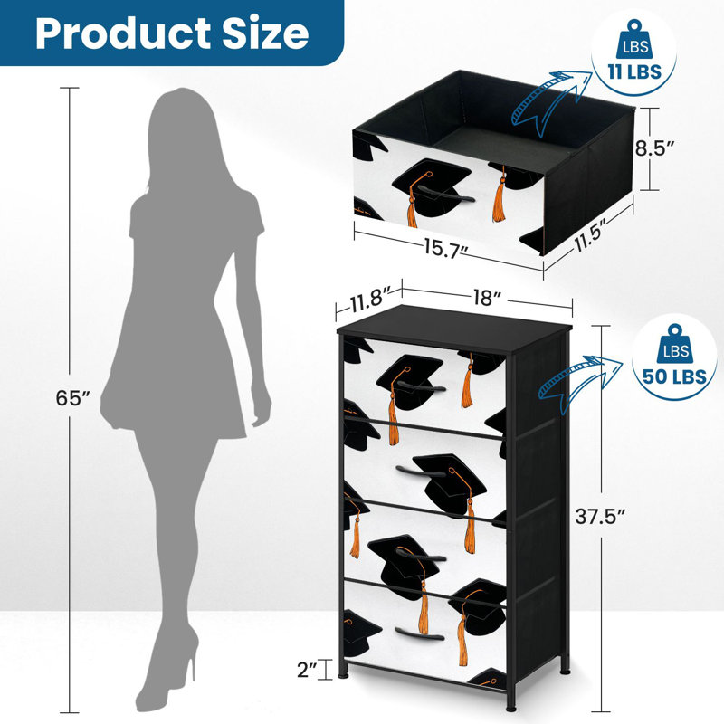 4 Drawer Dresser for Bedroom, Narrow Chest of Drawers, Wooden Top and Study Iron Frame 18"x37.5"-(WxH)