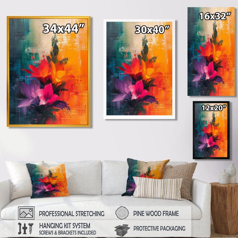 «Blossoming Tropical Flowers Collage», impression d'art floral abstrait, Toile tendue, H 40 po x l 30 po x P 1,5 po