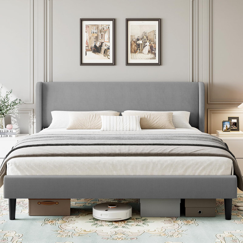 Platform Bed Frame With Upholstered Wingback Headboard, No Box Spring Needed, Light Gray, Full